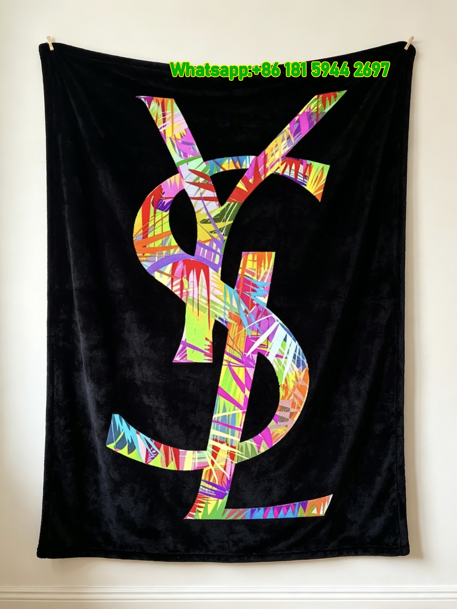 Yves Saint Laurent YSL Black Background Vibrant Multicolor Graffiti Logo Printed Fleece Throw Blanket IMG_3207
